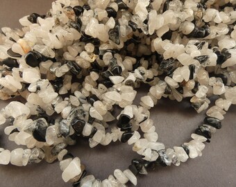 31.5 Inch 5-8mm Natural Rutilated Quartz Bead Strand, About 300 Beads, Shiny Natural Stone, Clear & Black Quartz Crystal, Polished Mineral