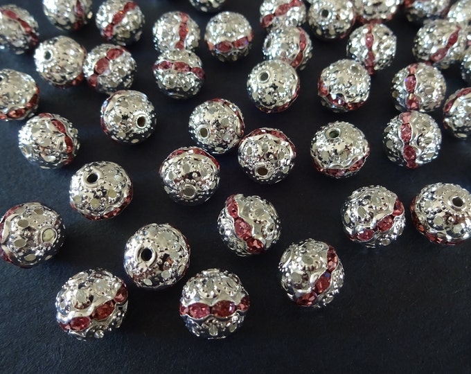 10mm Pink Rhinestone Brass Beads, 10mm Ball Beads, Brass Ball Beads, Brass and Rhinestone Beads, Colorful Rhinestone Beads, Rhinestone Ball