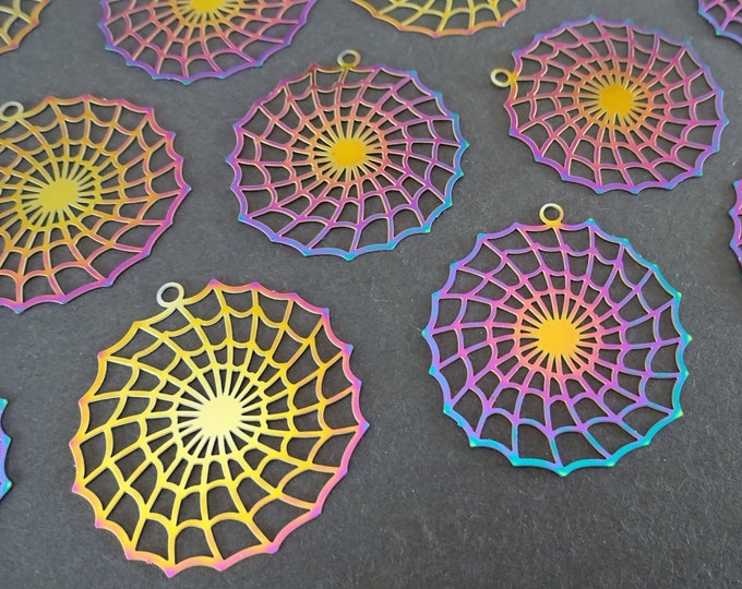 5 PACK 32mm 201 Stainless Steel Filigree Spiderweb Pendant, Multi Color Pendant, Filigree Pendant, Stainless Steel, Rainbow Metal, Oil Slick
