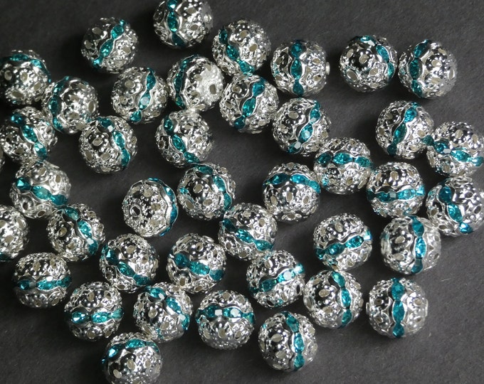 10mm Cyan Rhinestone Brass Beads, 10mm Ball Beads, Brass Ball Beads, Brass and Rhinestone Beads, Colorful Rhinestone Beads, Rhinestone Ball