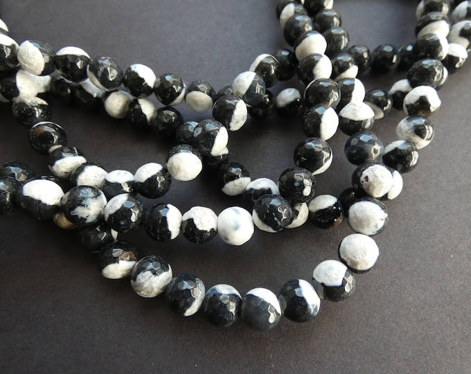 8mm Natural Fire Agate Faceted Bead Strand, White and Black, Dyed and Heated, About 47 Beads, 15 Inch Strand, Ball Bead, Round, Faceted