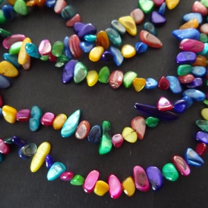 May include: A strand of colorful iridescent shell beads. The beads are various shapes and sizes, with a mix of yellow, green, blue, pink, and purple.