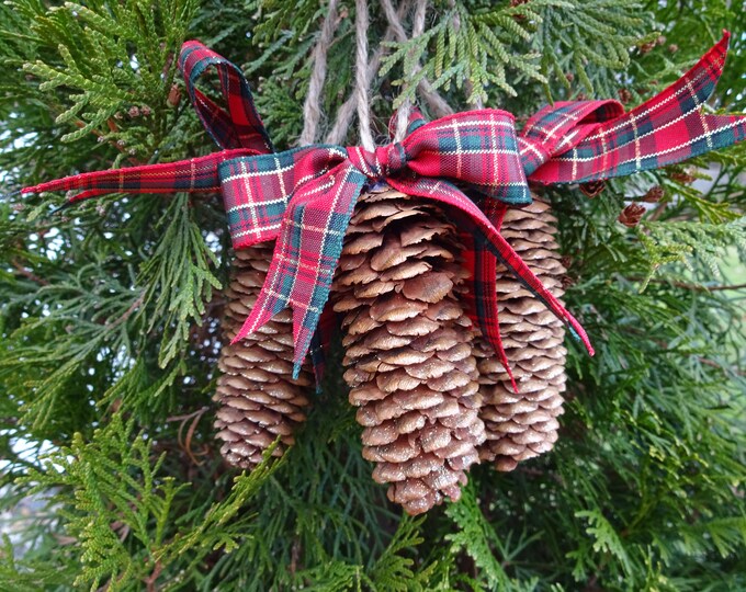 SET OF 3 Handmade Pinecone Christmas Ornaments, Natural Pinecones With Plaid Bows, Hemp Hanging Cord, Pinecones & Ribbon Bow, Ready To Hang
