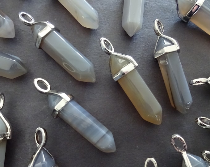 39.5mm Natural Gray Agate Pendant With Brass, Faceted, Bullet Shaped, Polished Gem Charm, Gemstone Jewelry Pendant, Gray and Silver Metal