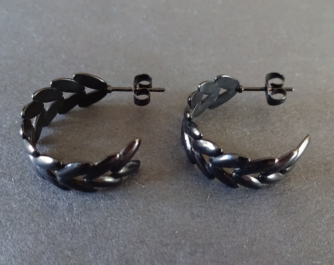 Stainless Steel Black Leaf Half Hoop Earrings, Hypoallergenic, Ion Plated, Round Hoops, Set Of Black Earrings, 20.5x22mm, Leaf Hoops