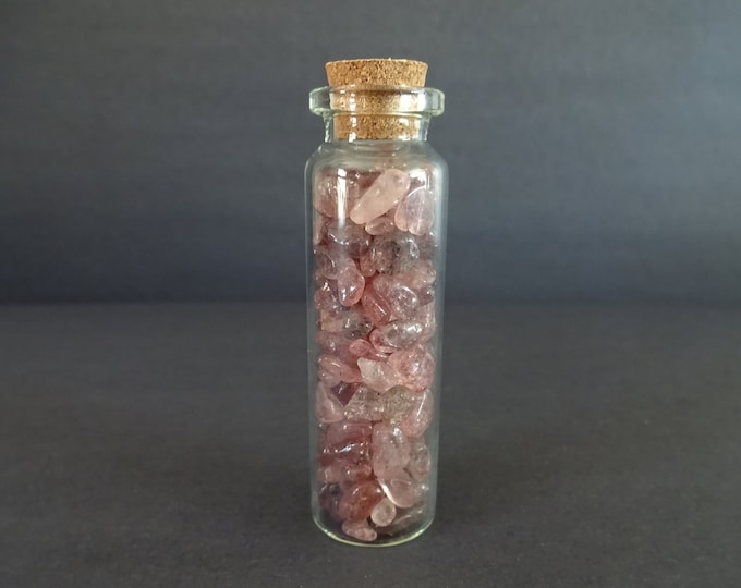 Glass Crystal Chip Jar with Strawberry Quartz, Pink Gems, 22x71mm Glass Jar, Decoration or Pendant Piece, Cork Stopper, Wishing Bottle