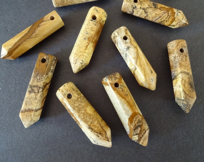 30-33mm Natural Picture Jasper Bullet Charm, Drilled, Faceted Bullet Pendant, Pointed Gemstone Jewelry Pendant, Beige Jasper Crystal