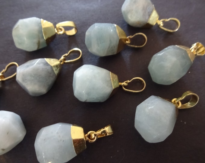 19-21mm Natural Aquamarine Charm With Brass Bail, Faceted Drop, Polished Gem, Aquamarine Gemstone Jewelry Pendant, Light Blue and Gold