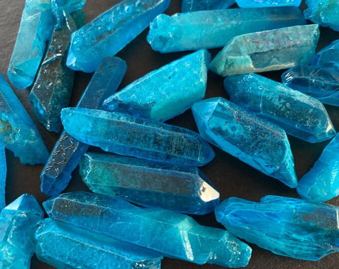 2 PACK 25-65mm Natural Quartz Stones, Undrilled, Free Form Bullet Shaped, Teal Blue Electroplated Crystals, Polished, Blue Quartz