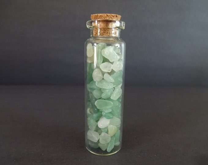 Glass Crystal Chip Jar with Green Aventurine, Light Green Gems, 22x71mm Glass Jar, Decoration or Pendant Piece, Cork Stopper, Wishing Bottle