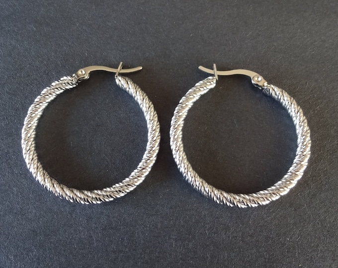 Stainless Steel Silver Rope Hoop Earrings, Hypoallergenic, Round Shape, Twisted Hoops, Set Of Earrings, 34mm, Silver Hoop, Rope Hoops