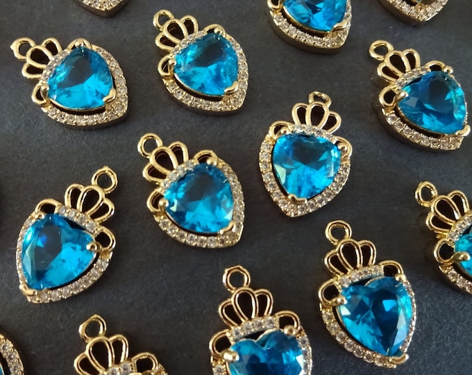 21x11mm Cubic Zirconia & Rhinestone Charm With Brass Metal, Light Gold, Heart and Crown Charm, Sky Blue Faceted Heart and Cubic Zirconia