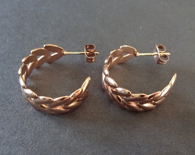 Stainless Steel Rose Gold Leaf Half Hoop Earrings, Hypoallergenic, Ion Plated, Round Hoops, Set Of Rose Gold Earrings, 20.5x22mm, Leaf Hoops