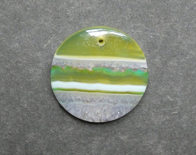 36.5x7.5mm Natural Crackle Agate Pendant, Gemstone Pendant, Yellow & Green, Dyed, Round Pendant, One of a Kind, Only One Available, Polished