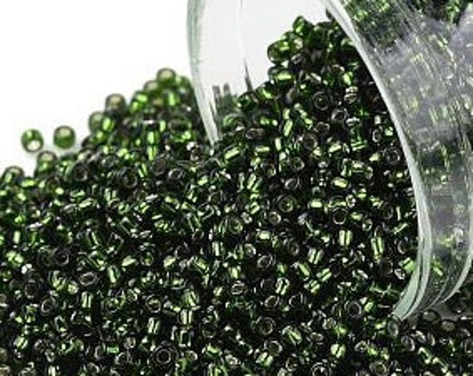 15/0 Toho Seed Beads, Silver Lined Olivine (37), 10 grams, About 3000 Round Seed Beads, 1.5mm with .7mm Hole, Silver Lined Finish