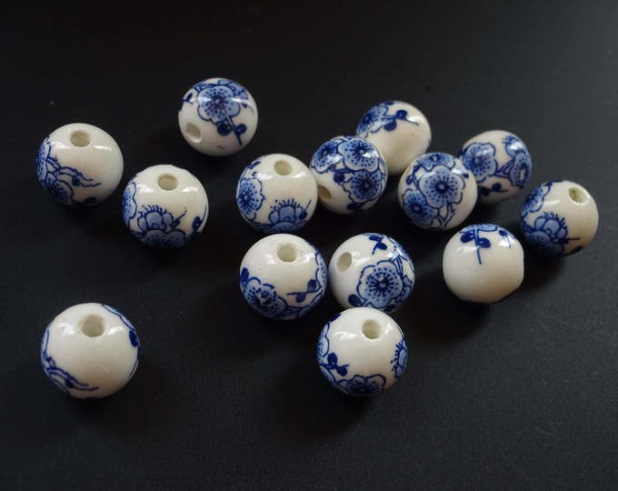 12mm Handmade Printed Porcelain Ball Beads, Blue and White, Floral Design, Pretty Flower Print, Porcelain Bead, Vintage Style, 3mm Holes