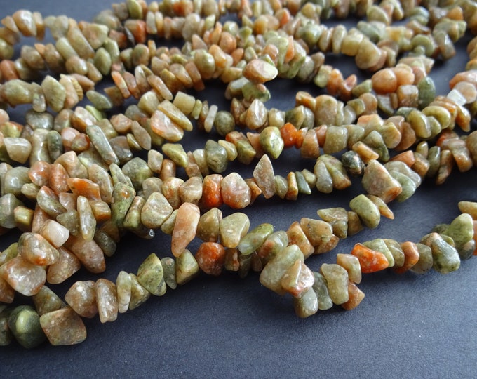 34 Inch Strand Natural Autumn Jasper Chip Bead Strand, 8-9mm Jasper Chips, About 275 Chips Per Strand, Orange and Green Tones, Fall Colors