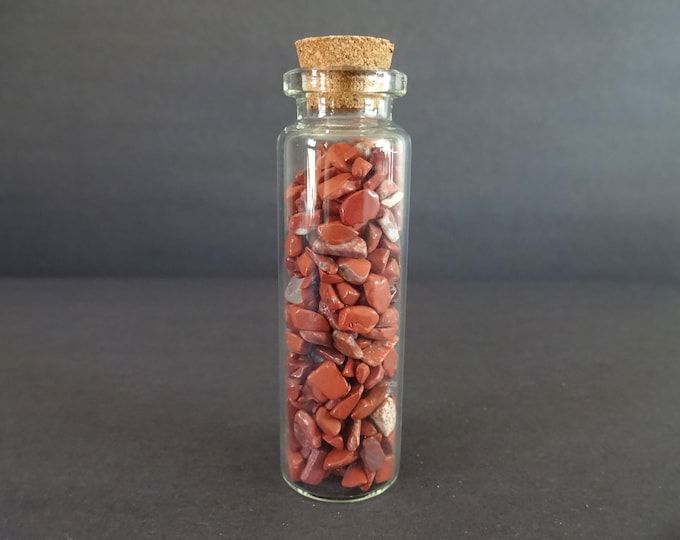 Glass Crystal Chip Jar with Red Jasper, Bold Red Color Gems, 22x71mm Glass Jar, Decoration or Pendant Piece, Cork Stopper, Wishing Bottle