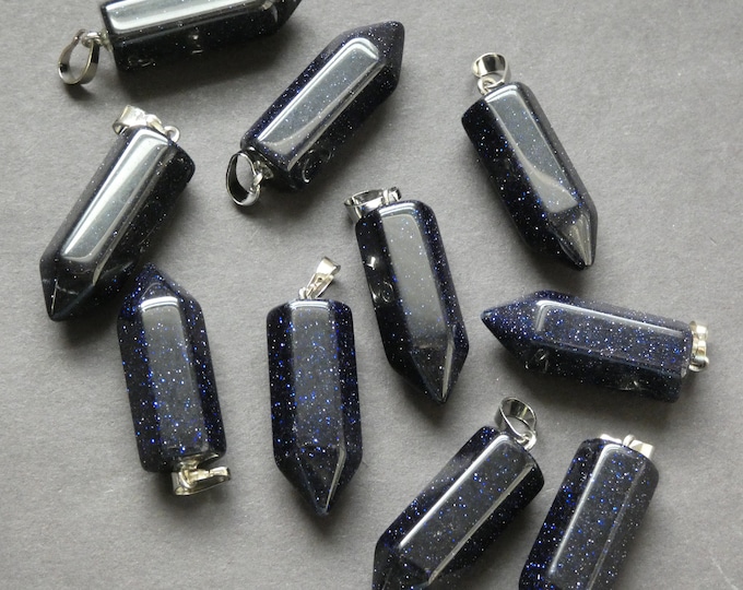 33-36mm Blue Goldstone Pendant, Brass Wire Wrapped, Pointed Bullet, Polished Gem, Gemstone Jewelry Pendant, Bluer and Silver Color