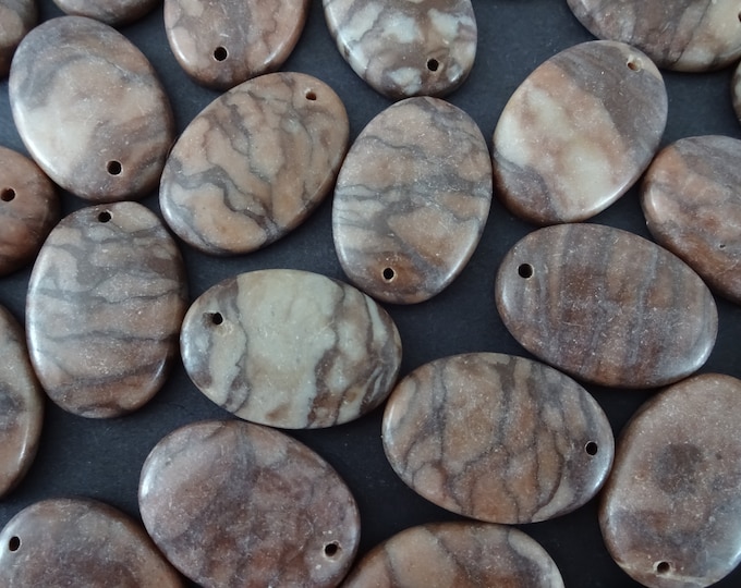 2 PACK of Natural Brown Zebra Stone Pendants, 24x18mm Drilled Pendants, Zebra Stone Drop, Oval Stone Pendant, LIMITED SUPPLY, Hot Deal!