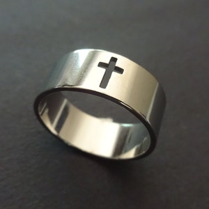 Stainless Steel Cross Ring, Silver Cross Band, Sizes 7-11, Handcrafted Steel Ring, Crucifix Cross Cut Out Design, Religious Design Ring