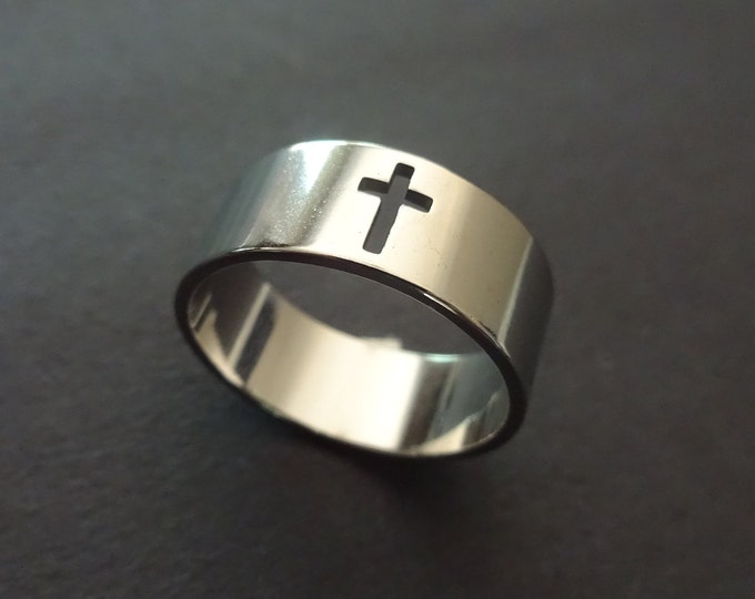 Stainless Steel Cross Ring, Silver Cross Band, Sizes 7-11, Handcrafted Steel Ring, Crucifix Cross Cut Out Design, Religious Design Ring