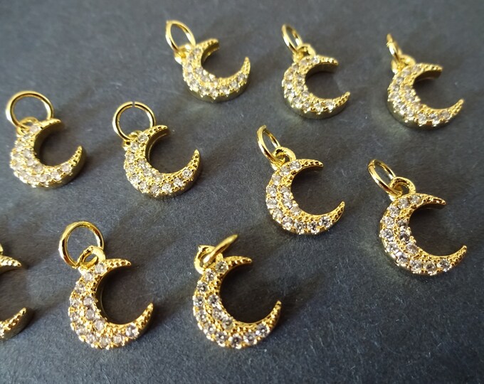 10mm Cubic Zirconia Micro Pave Brass Pendants, Bright Cubic Zirconia Gold Moon Beads, Cubic Zirconia Moon Charms, 10mm Moon Beads, Moons