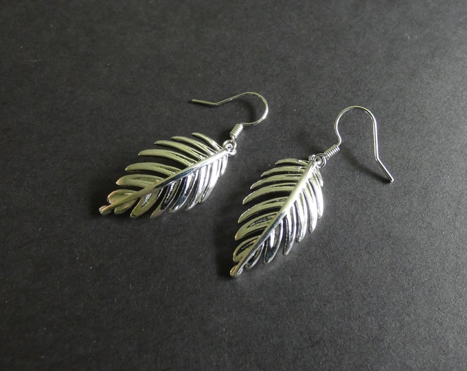 Brass Leaf Earrings, Silver Color Metal, Fish Hook, Leaves, Leaf Jewelry, Nature Design, 45mm Long, Dangle Earrings, Bohemian Theme