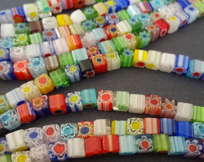 4x4mm Millefiori Lampwork Glass Cube Beads, 16 Inch Strand Of About 105 Millefiori Beads, Multicolor Flower Bead, Floral Cube Spacers