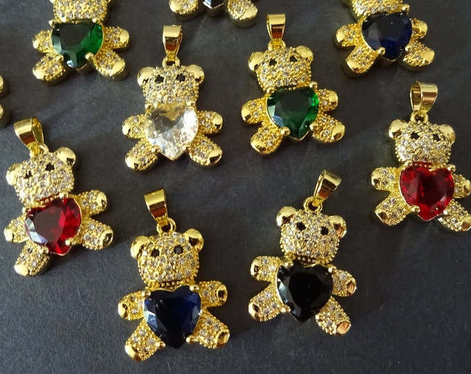 5 PACK Of 19.5mm 18K Gold Plated Brass Bear Pendant with Cubic Zirconia, Mixed Color Cubic Zirconia, Rhinestone Bear, Cute Teddy Bear Charm