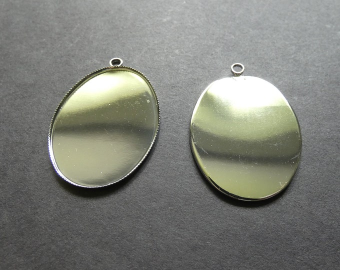 30x40mm Brass Cabochon Pendant Setting, 45x31.5mm Overall Size, 3mm Hole,  Large Oval Stone Setting, Platinum Silver, Jewelry Setting