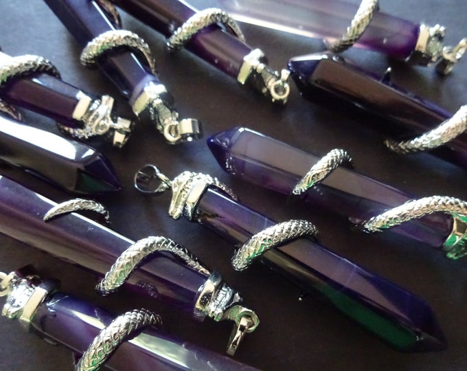 60mm Natural Purple Agate Snake Pendant, Dyed, Brass Finding, Faceted Bullet, Polished, Gemstone Jewelry Pendant, Crystal Charm, Agate Charm