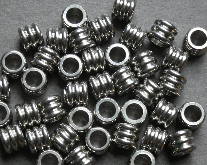 10 PACK 201 Stainless Steel 10mm Column Beads, Silver Color, 6mm Hole, Cylinder Round Beads, Jewelry Making Supply, Metallic, Modern Style