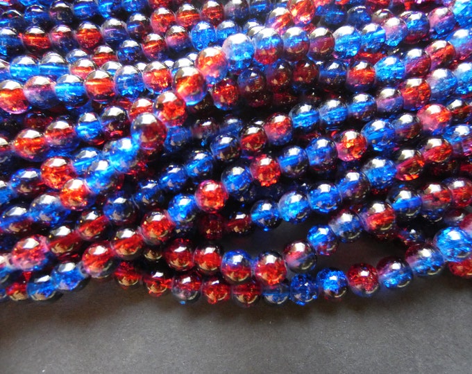 31 Inch 6mm Strand Crackle Glass Bead Strand, 6mm Beads, About 133 Beads Per Strand, Round, Semi Transparent, Blue & Red, Spray Painted