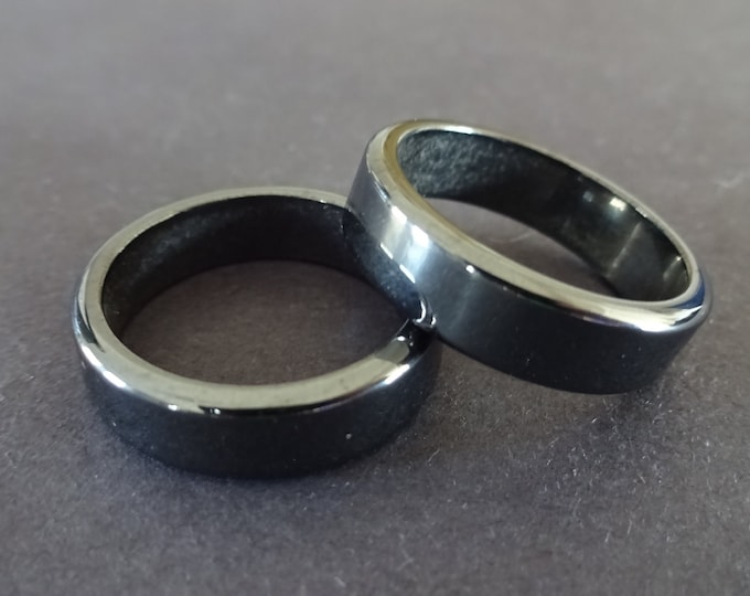 Synthetic Hematite Metal Ring, Non Magnetic, Sizes 5-12, 6mm Wide, Man Made Hemalyke Ring, Dark Silver Color, Basic Band, Flat Round Ring