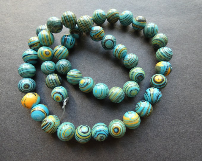 15 Inch 8mm Synthetic Malachite Ball Bead Strand, Dyed, About 46 Beads, Round Bead, Teal Blue and Black Striped Bead, 8mm Ball Spacers