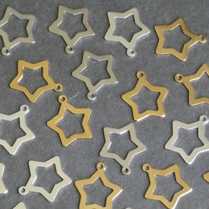 11.5mm Brass Metal Star Charms, Silver & Gold, 3 Color Star Pendants, Lightweight, .9mm Hole, Star Outline Design, Lunar Astrology Theme