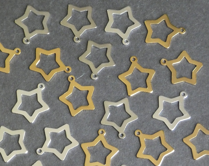 11.5mm Brass Metal Star Charms, Silver & Gold, 3 Color Star Pendants, Lightweight, .9mm Hole, Star Outline Design, Lunar Astrology Theme