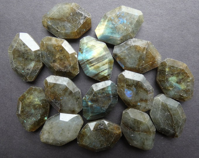 30x20mm Natural Labradorite Hexagon Cabochon, Faceted, Undrilled Gemstone, Polished Gem, Unique Stone, Translucent Gray With Blue