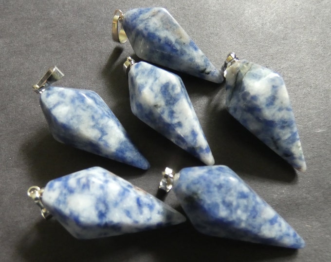 38.5mm Natural Blue Spot Jasper Pendant With Brass, Faceted Pointed Bullet, Polished Gem, Blue Jasper Charm, Silver Color Loop