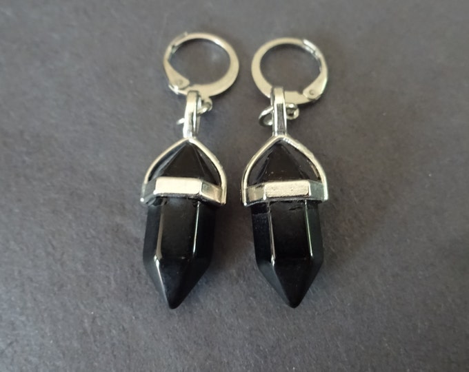 Natural Black Obsidian & Stainless Steel Bullet Hoop Earrings, Hypoallergenic, Dangle Earring, Set Of Earrings, Crystal Gemstone Earrings