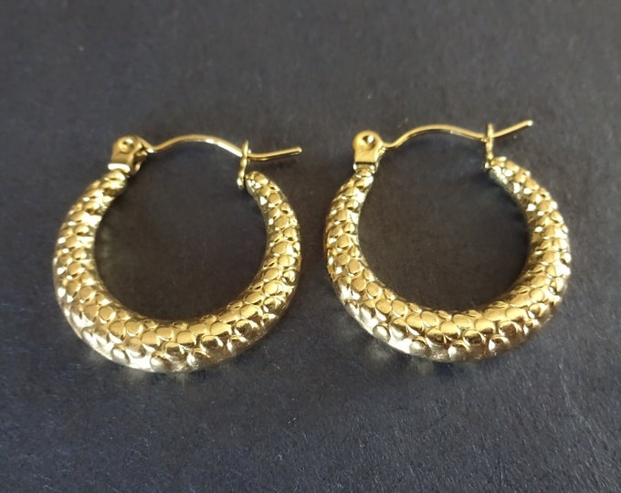 Stainless Steel Gold Chunky Hoop Earrings, Hypoallergenic, Round Hoop, Set Of Earrings, 21x20mm, Textured Golden Hoops For Women