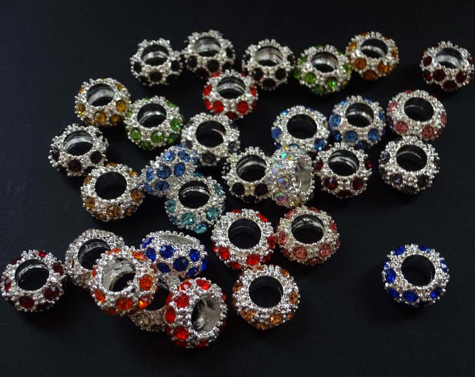 11x6mm Metal Rondelle Rhinestone Beads, Mixed Color, Glass Rhinestones, European Rhinestone Beads, Large 5mm Hole, Rainbow and Silver