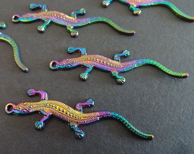5 PACK of 54mm Metal Gecko Pendant, Rainbow Metal Gecko Charm, Oil Slick Color, Iridescent Metal Pendant, Holographic Metal Pendant