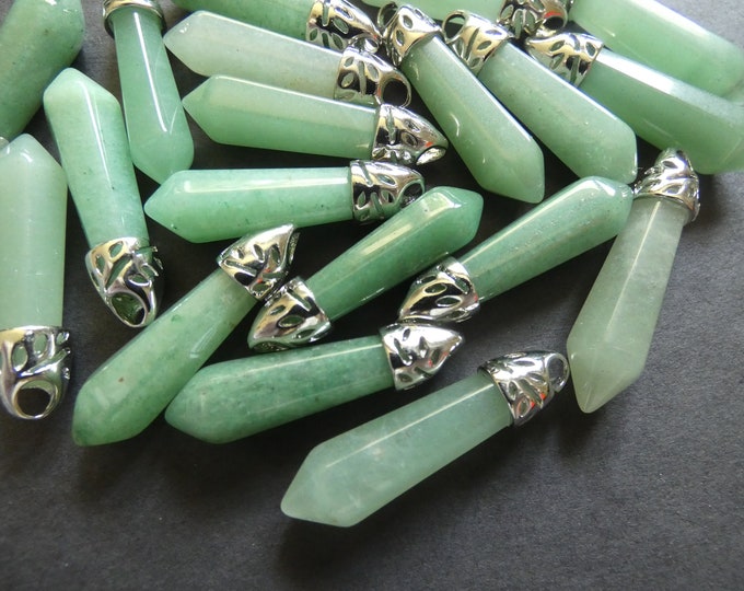 33-40mm Natural Green Aventurine Pendant With Brass, Faceted, Bullet Shaped, Polished Gem, Gemstone Jewelry Pendant, Light Green & Silver