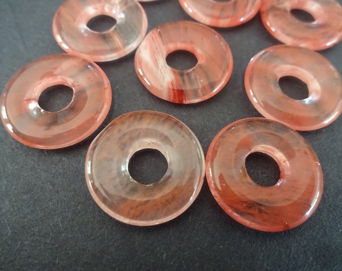 Set of 18mm Cherry Quartz Glass Pendant, Glass Donuts, Pink Glass, Cherry Quartz Component, Round Glass Pendant, Wire Wrap