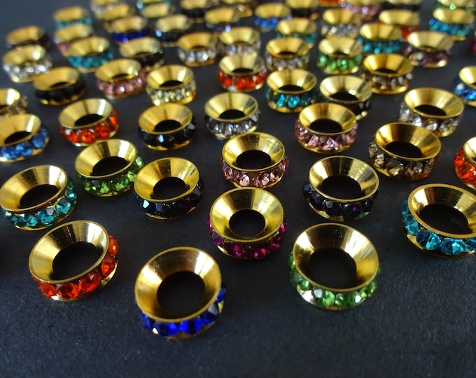 25 PACK of 10mm Rhinestone Rondelle Beads, Brass with Rhinestone Beads, Saucer Beads, Brass Metal Rondelle Beads, Mixed Color Rhinestone