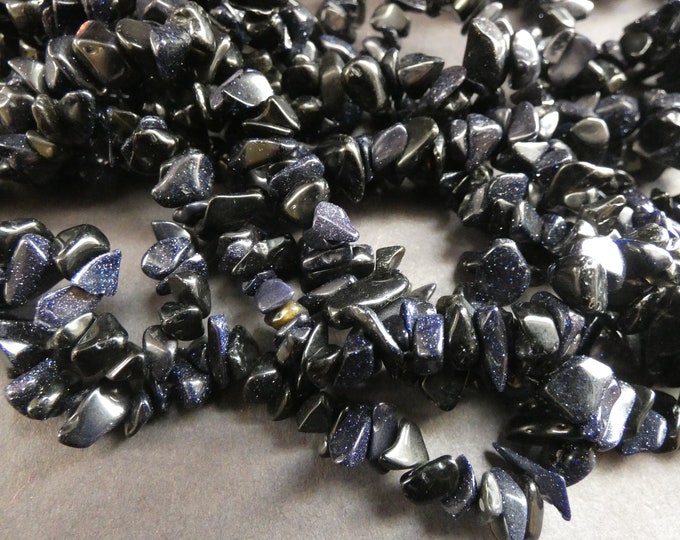 34 Inch 4-12 Blue Goldstone Bead Strand, About 200 Beads Per Strand, Small Nuggets and Chips, Sparkly Stone Beads, Navy Blue Gemstone