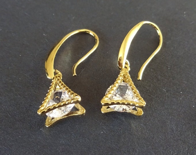 Sterling Silver & Cubic Zirconia Dangle Earrings, Hypoallergenic, Gold and Clear, 33mm, Set Of Earrings, Textured Triangle Crystal Earring