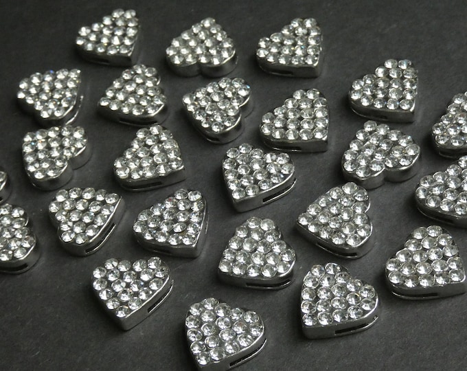 16x15mm Alloy Metal and Rhinestone Heart Slide Charm, Silver & Clear Glass Rhinestones, Metal Hearts, Sparkly Rhinestone Charms, Heart Beads